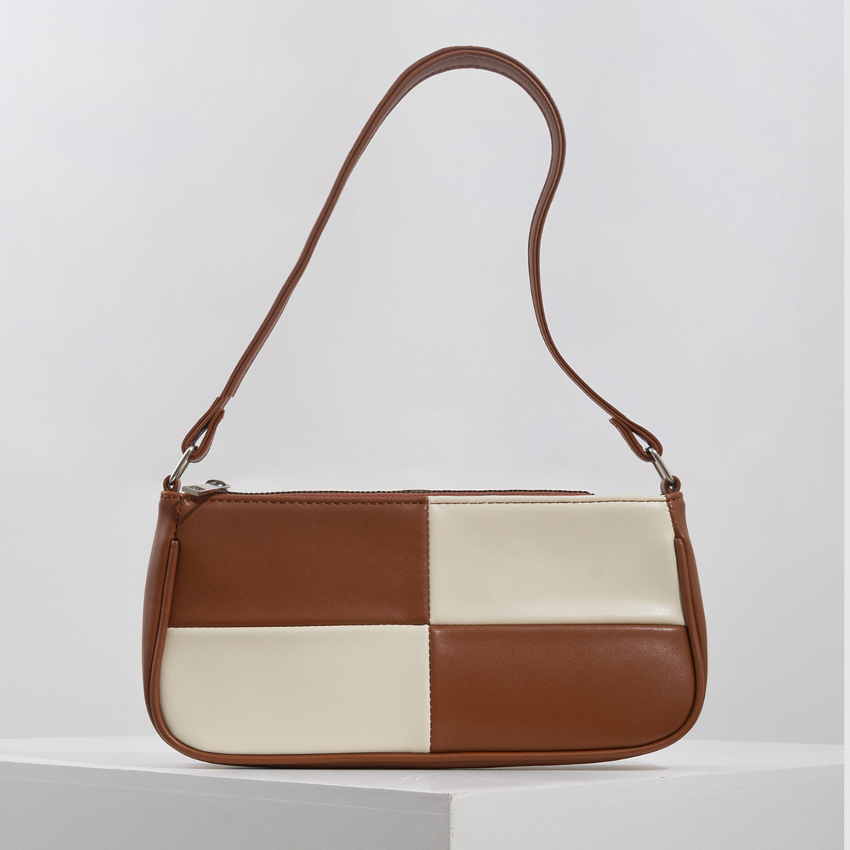 Retro Plaid Color Block Baguette Bag