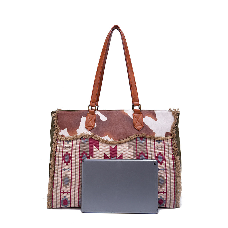 Retro Print Fringe Canvas Tote Bag Set