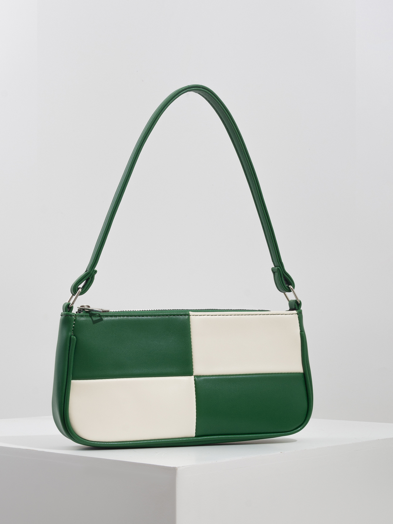 Retro Plaid Color Block Baguette Bag