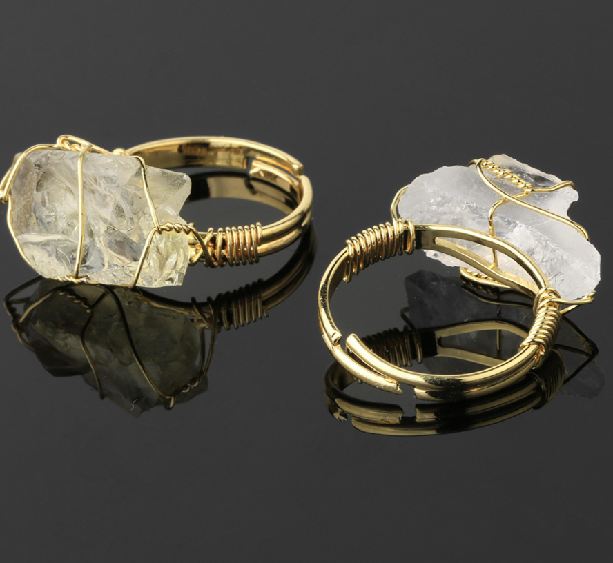 Retro Wire-Wrapping Natural Crystal Gold-Plated Cuff Ring