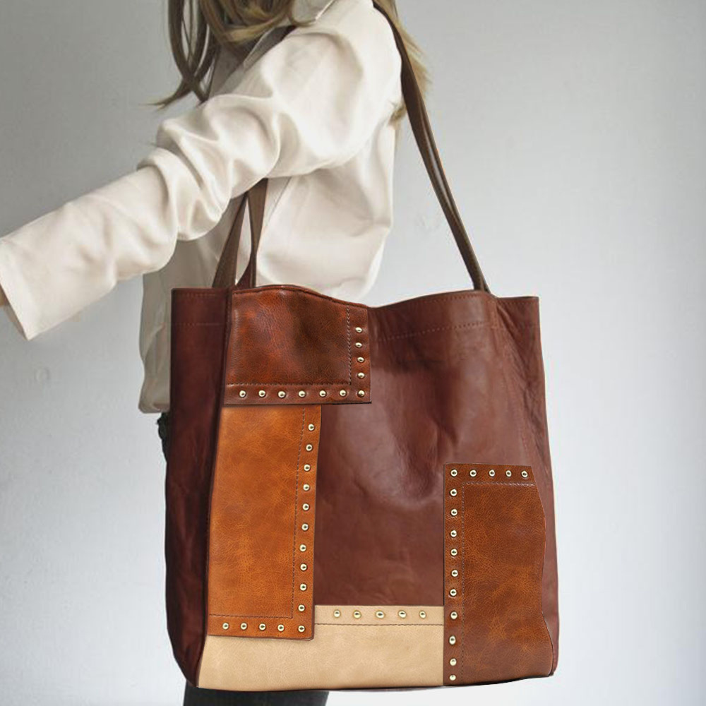 Retro Rivets Patchwork Tote Bag