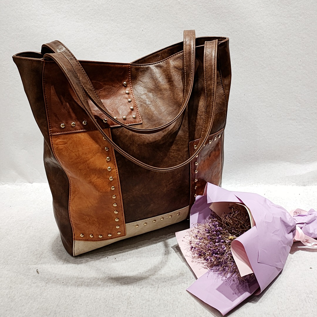 Retro Rivets Patchwork Tote Bag