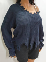 Solid Plus Size V Neck Long Sleeve Raw Hem Sweater