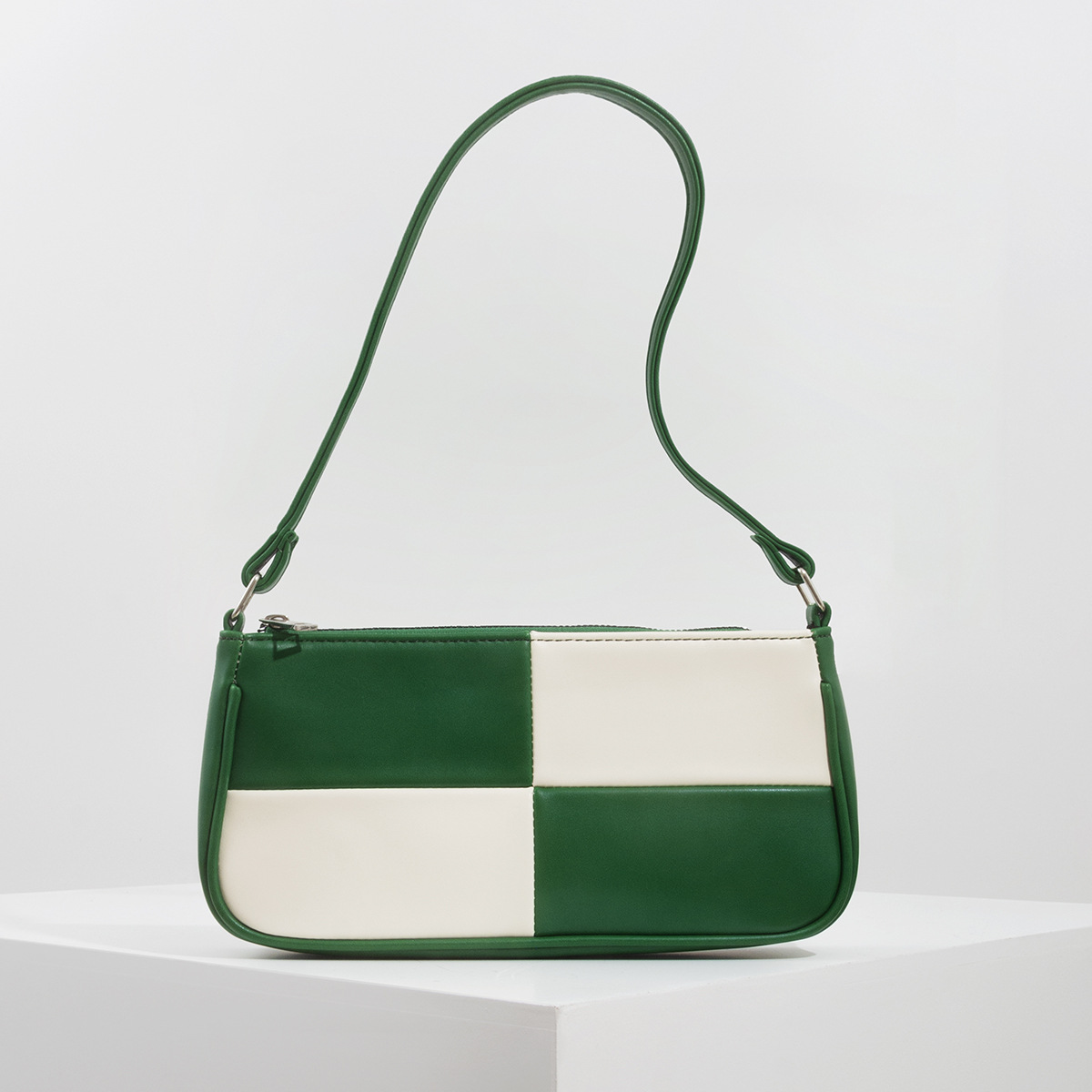 Retro Plaid Color Block Baguette Bag