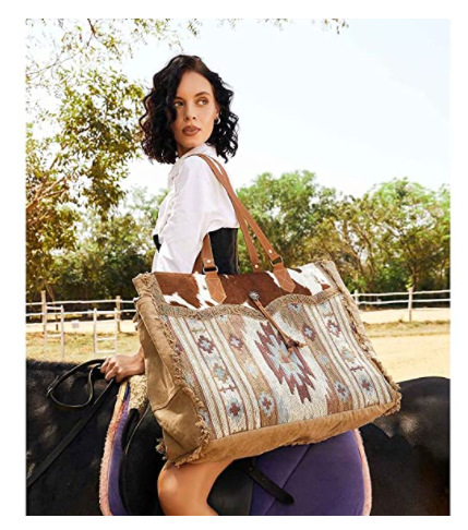 Retro Print Fringe Canvas Tote Bag Set