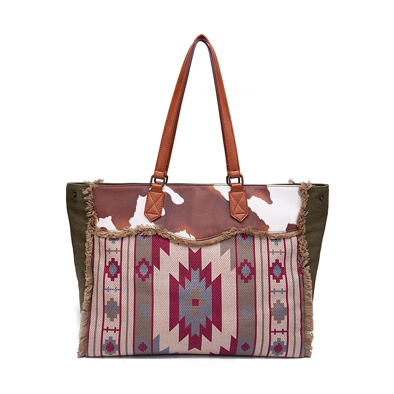 Retro Print Fringe Canvas Tote Bag Set
