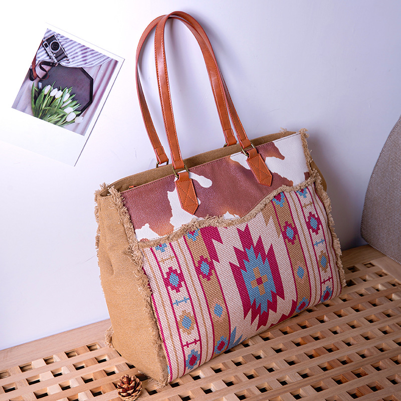 Retro Print Fringe Canvas Tote Bag Set