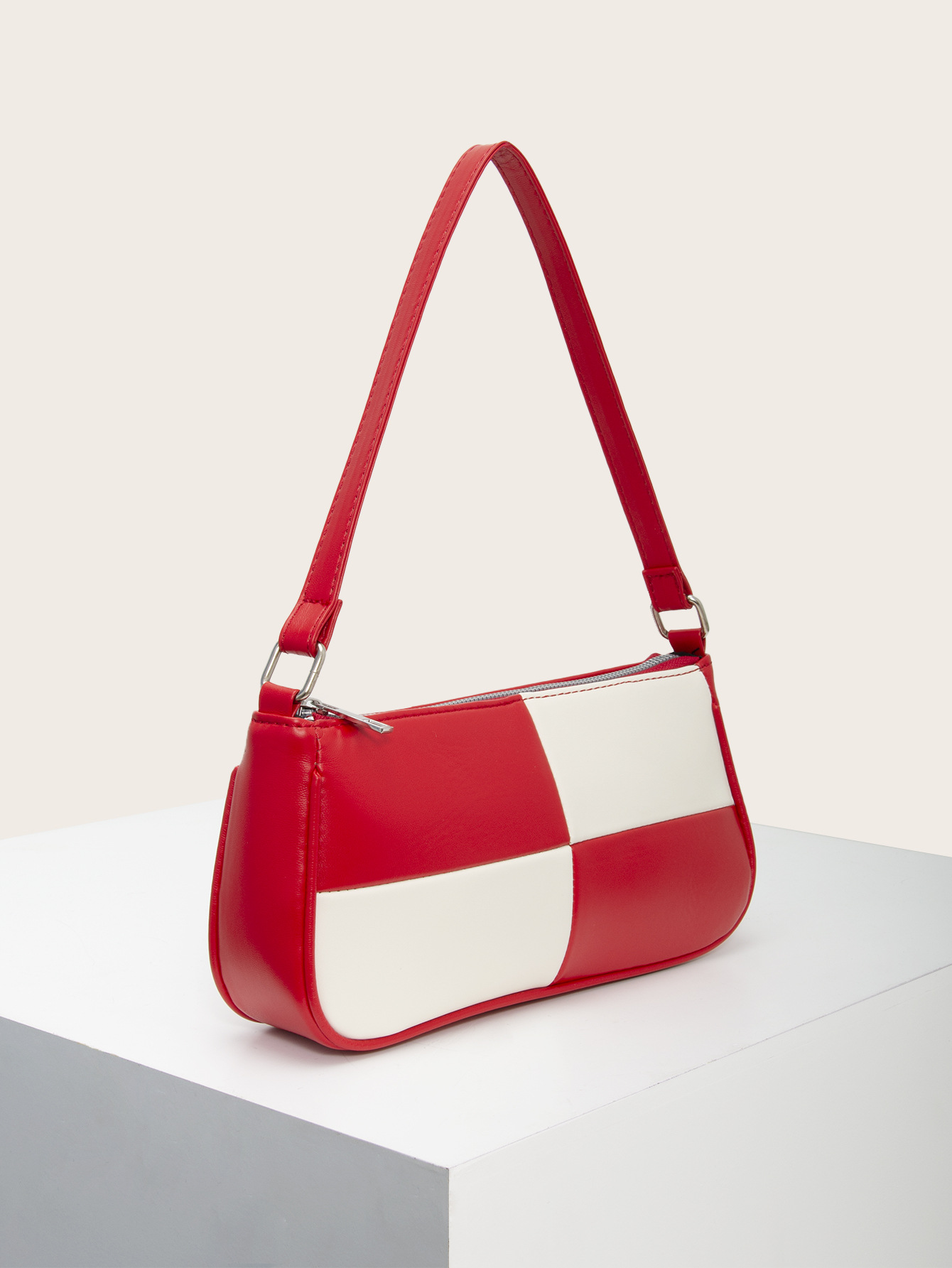 Retro Plaid Color Block Baguette Bag