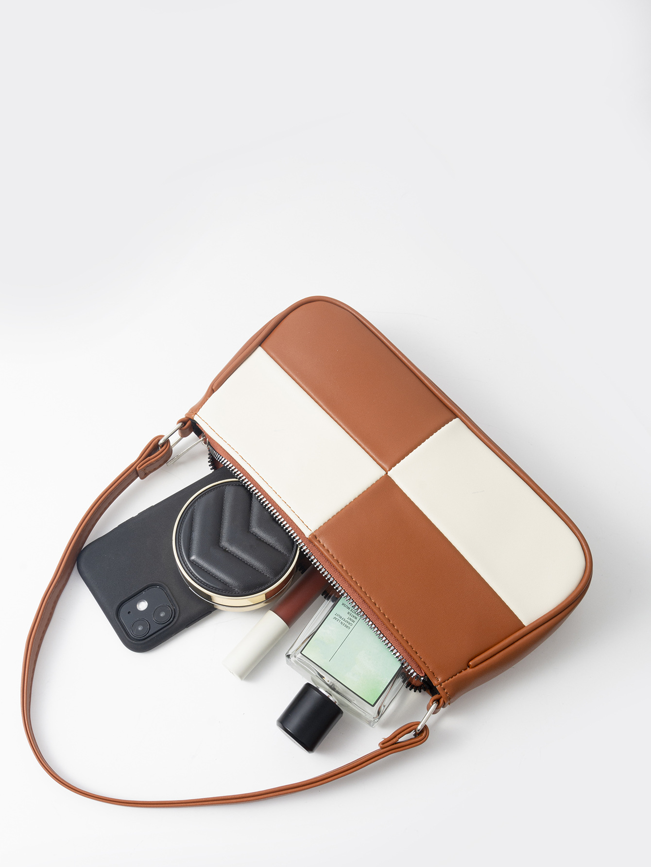 Retro Plaid Color Block Baguette Bag