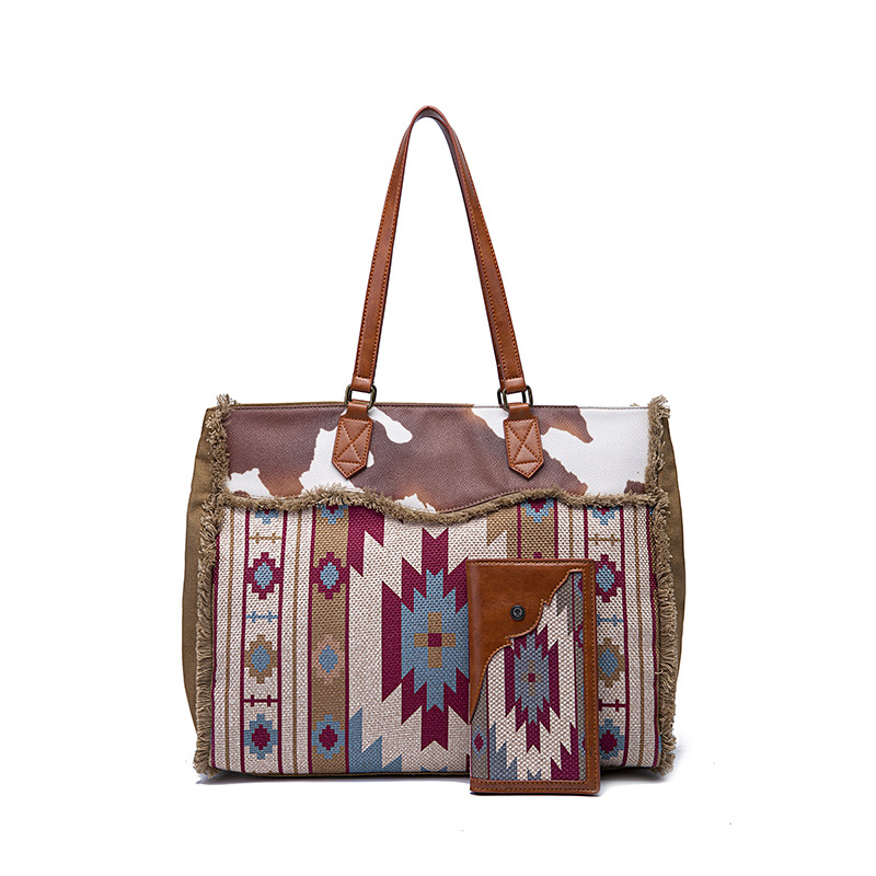Retro Print Fringe Canvas Tote Bag Set