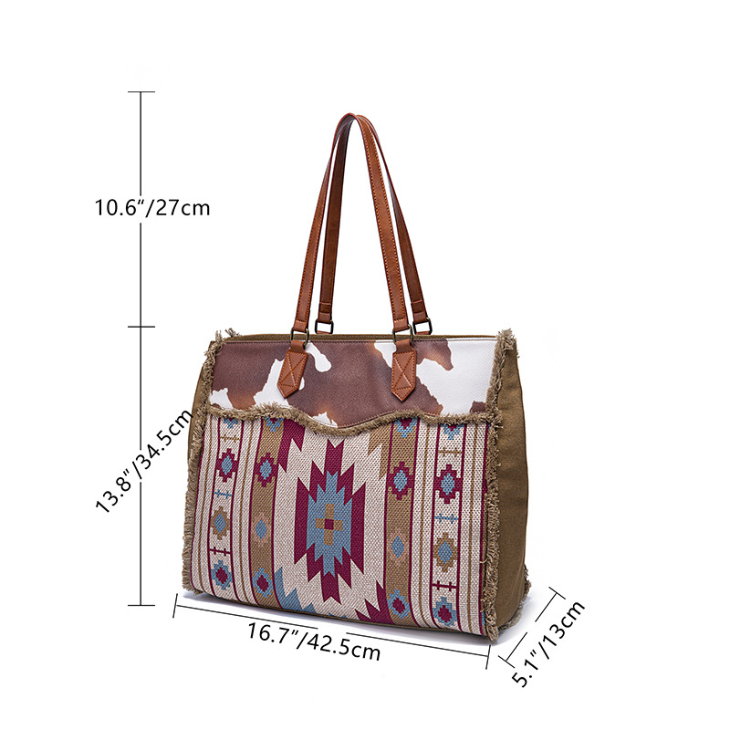 Retro Print Fringe Canvas Tote Bag Set