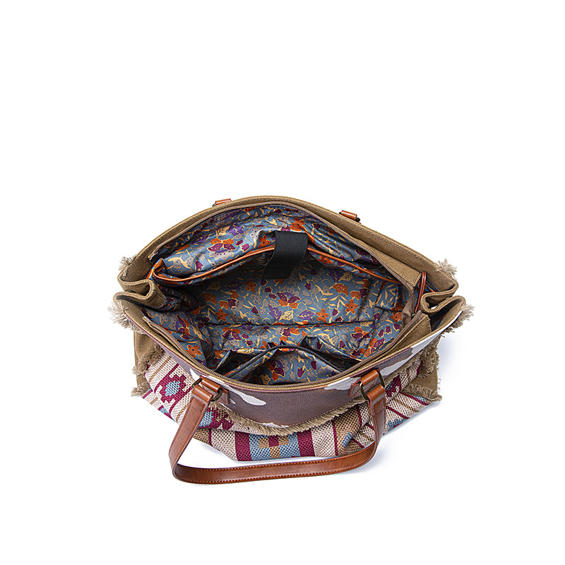 Retro Print Fringe Canvas Tote Bag Set