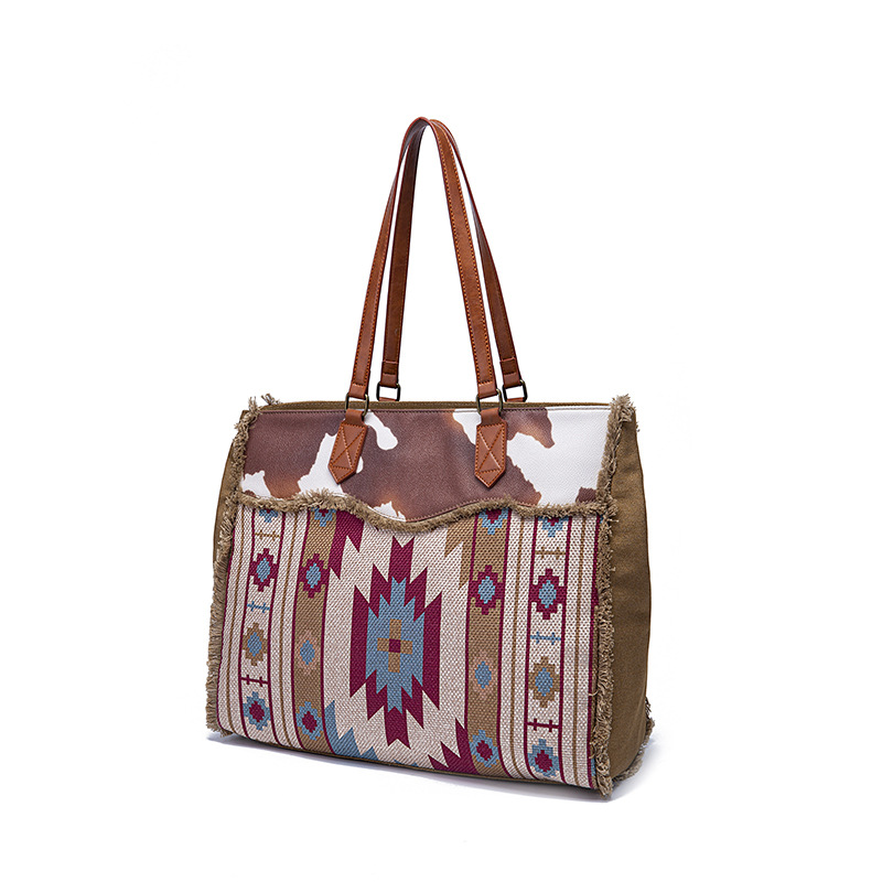 Retro Print Fringe Canvas Tote Bag Set