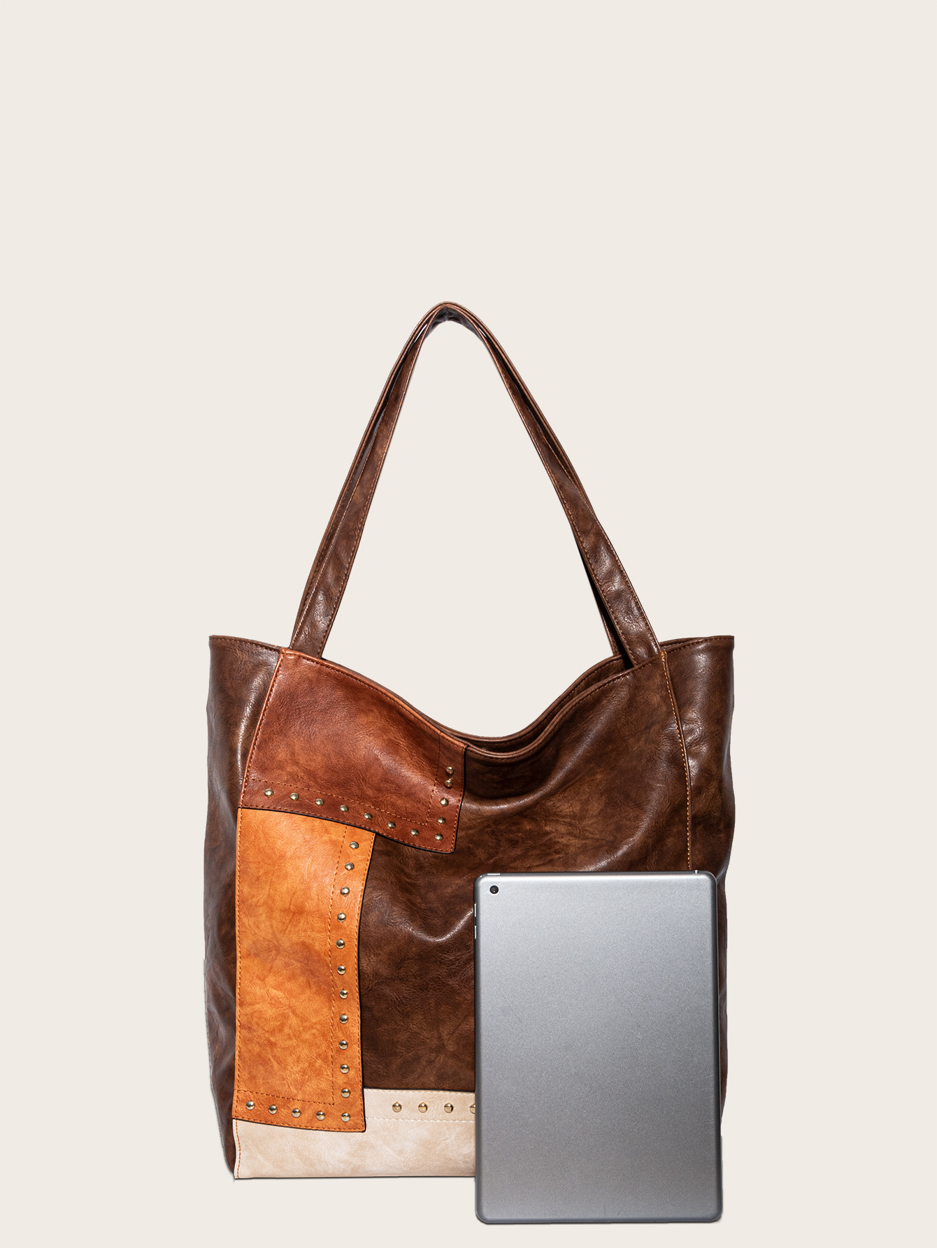 Retro Rivets Patchwork Tote Bag