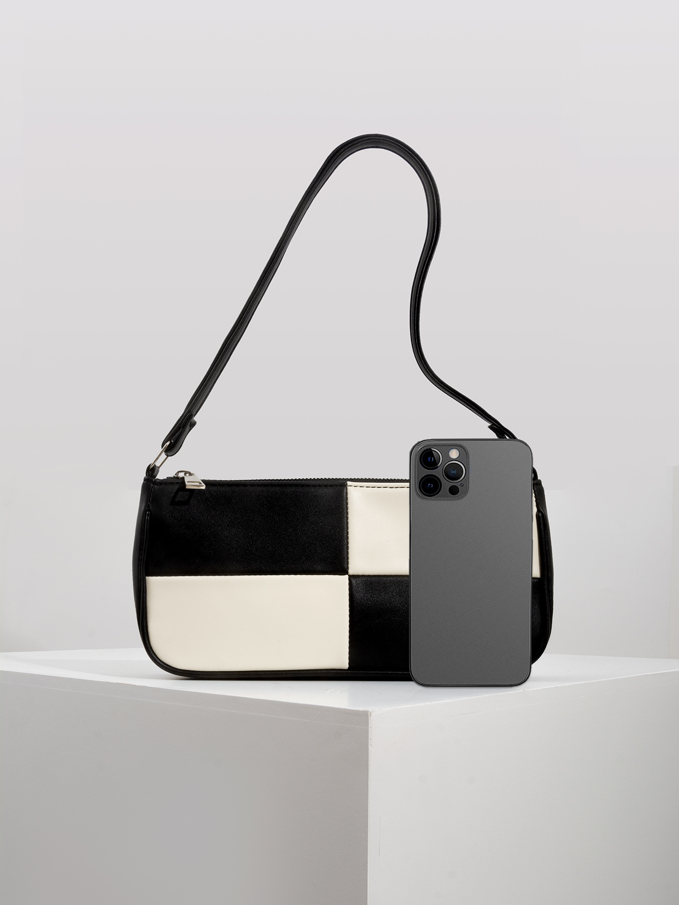 Retro Plaid Color Block Baguette Bag