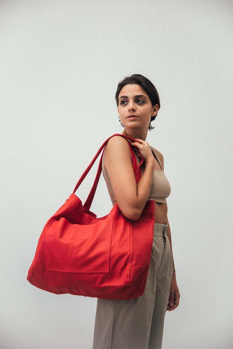 Women's Fashionable Horizontal Square Pockets Tote Bag
