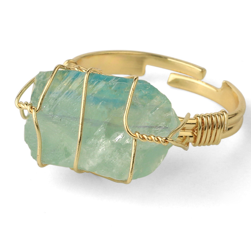 Retro Wire-Wrapping Natural Crystal Gold-Plated Cuff Ring