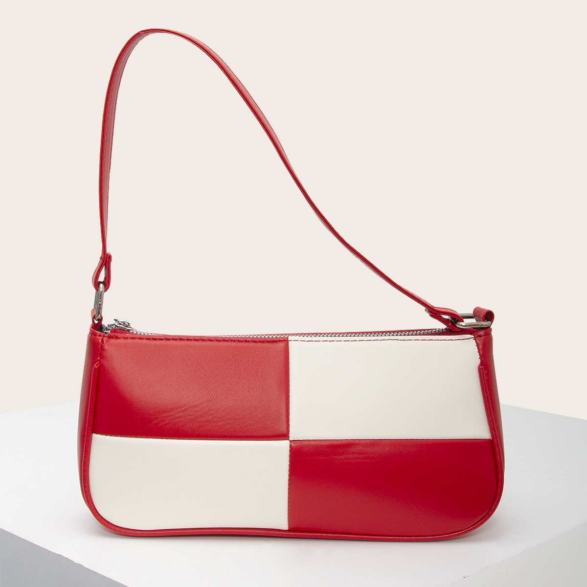 Retro Plaid Color Block Baguette Bag