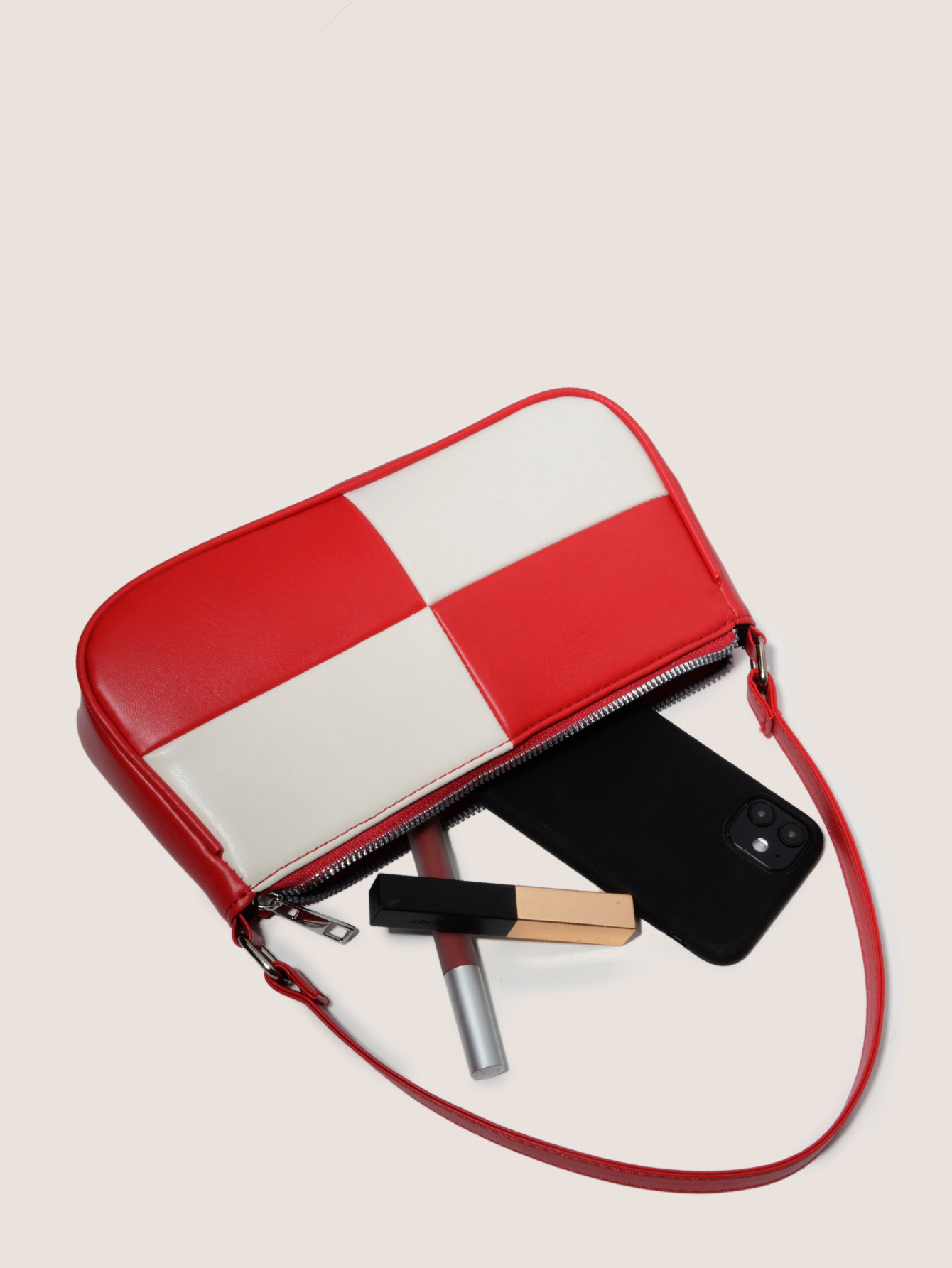 Retro Plaid Color Block Baguette Bag