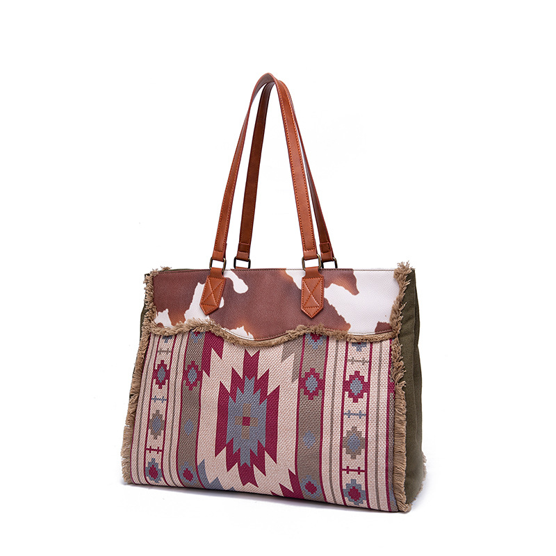 Retro Print Fringe Canvas Tote Bag Set