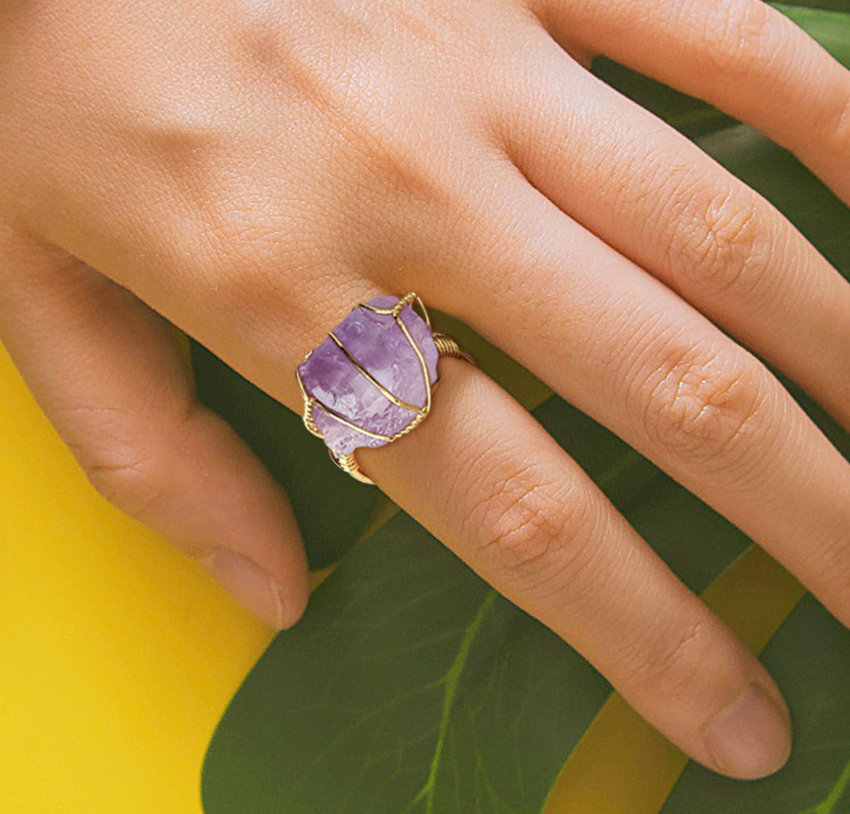 Retro Wire-Wrapping Natural Crystal Gold-Plated Cuff Ring