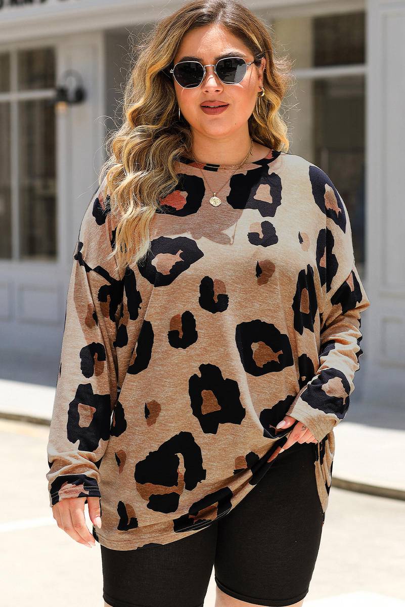Multicolor Leopard Print Long Sleeve Plus Size T-Shirt