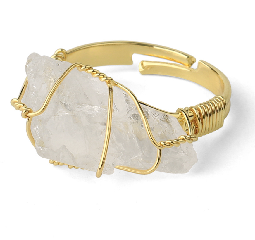 Retro Wire-Wrapping Natural Crystal Gold-Plated Cuff Ring