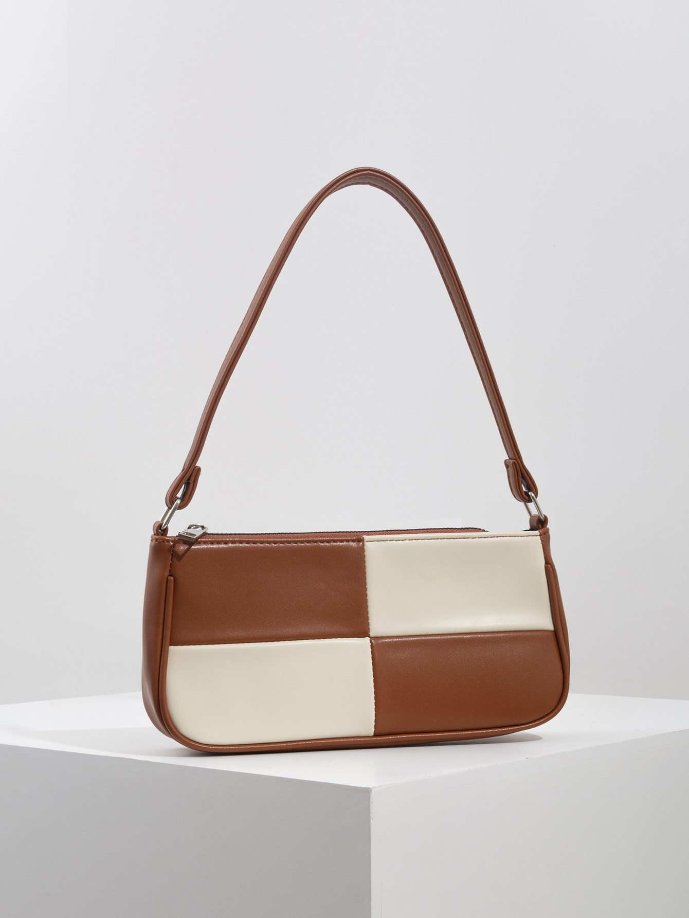 Retro Plaid Color Block Baguette Bag