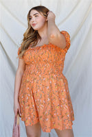 Plus Apricot Floral Print Smocked Puff Short Sleeve Romper