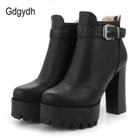 Gdgydh Women Platform Heels Ankle Boots Zipper High Heels Female Booties Shoes Black Round Toe Ladies Shoes Big Size 2022 Autumn