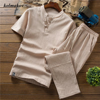 (Shirt + trousers) New Arrival Summer Style Men Cotton and Linen Shirts High Quality Fashion Casual Solid Men's Cropped Pants