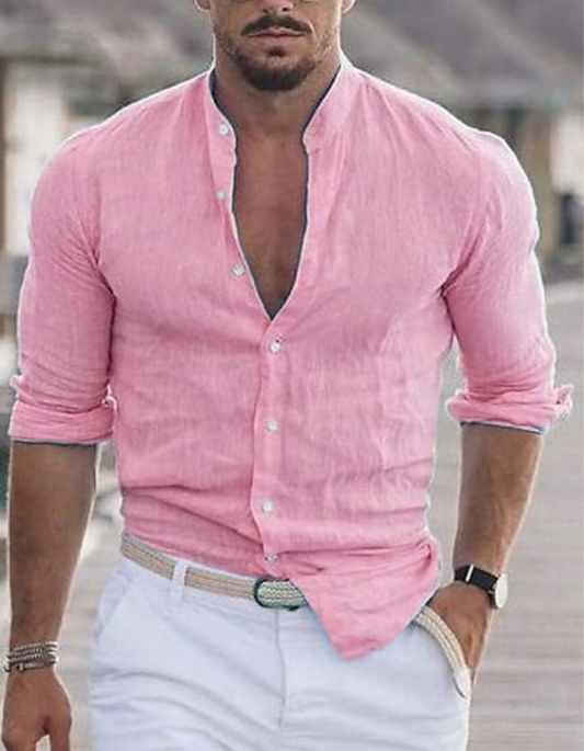 Men's Casual Cotton Linen Shirt Mock Neck Solid Long Sleeve Loose Top Spring and Autumn Handsome Fashion Shirt