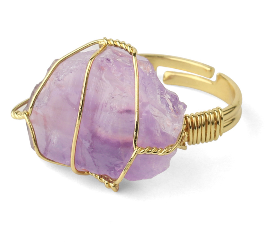 Retro Wire-Wrapping Natural Crystal Gold-Plated Cuff Ring