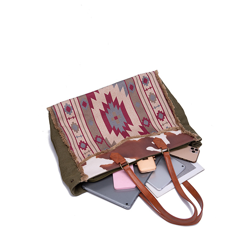 Retro Print Fringe Canvas Tote Bag Set