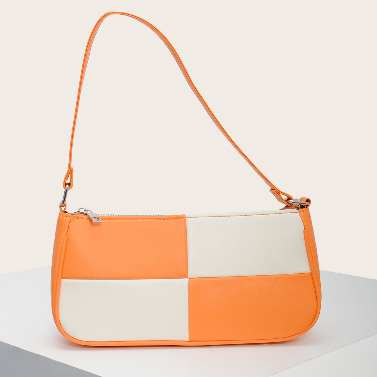 Retro Plaid Color Block Baguette Bag
