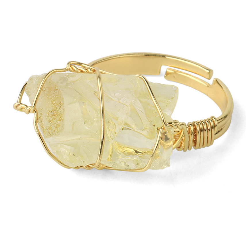 Retro Wire-Wrapping Natural Crystal Gold-Plated Cuff Ring
