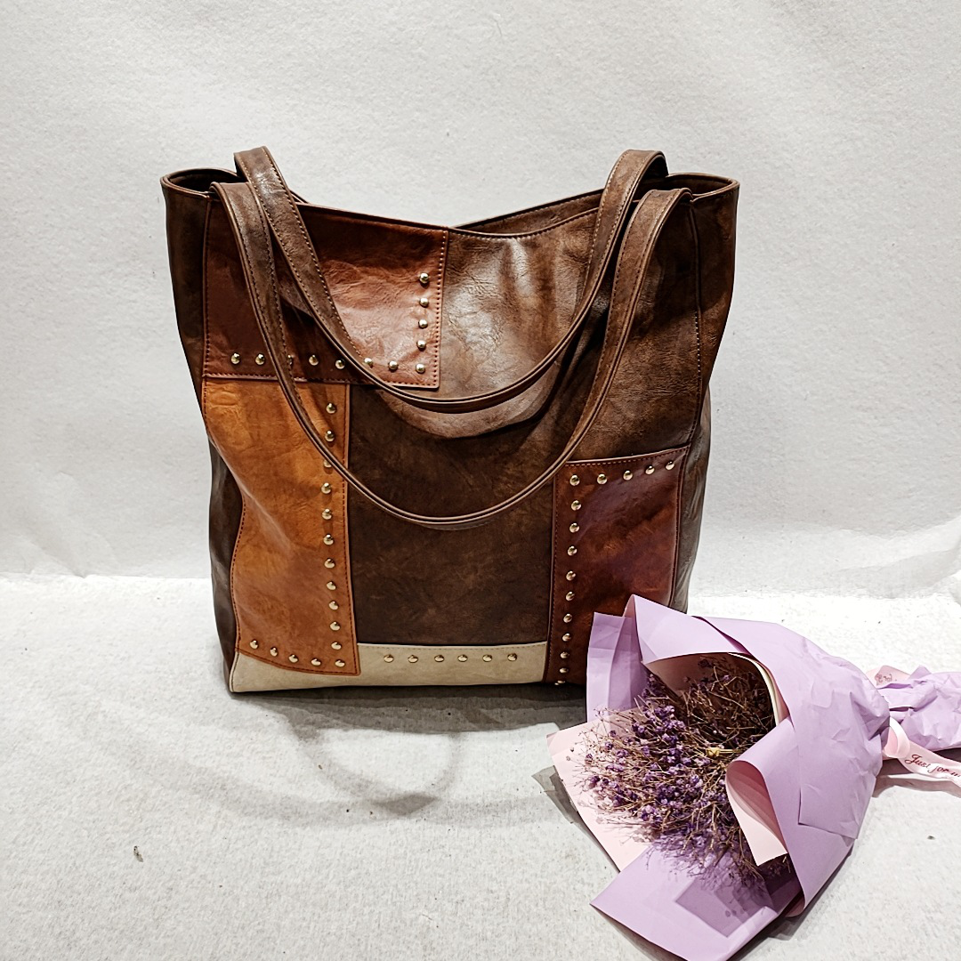 Retro Rivets Patchwork Tote Bag