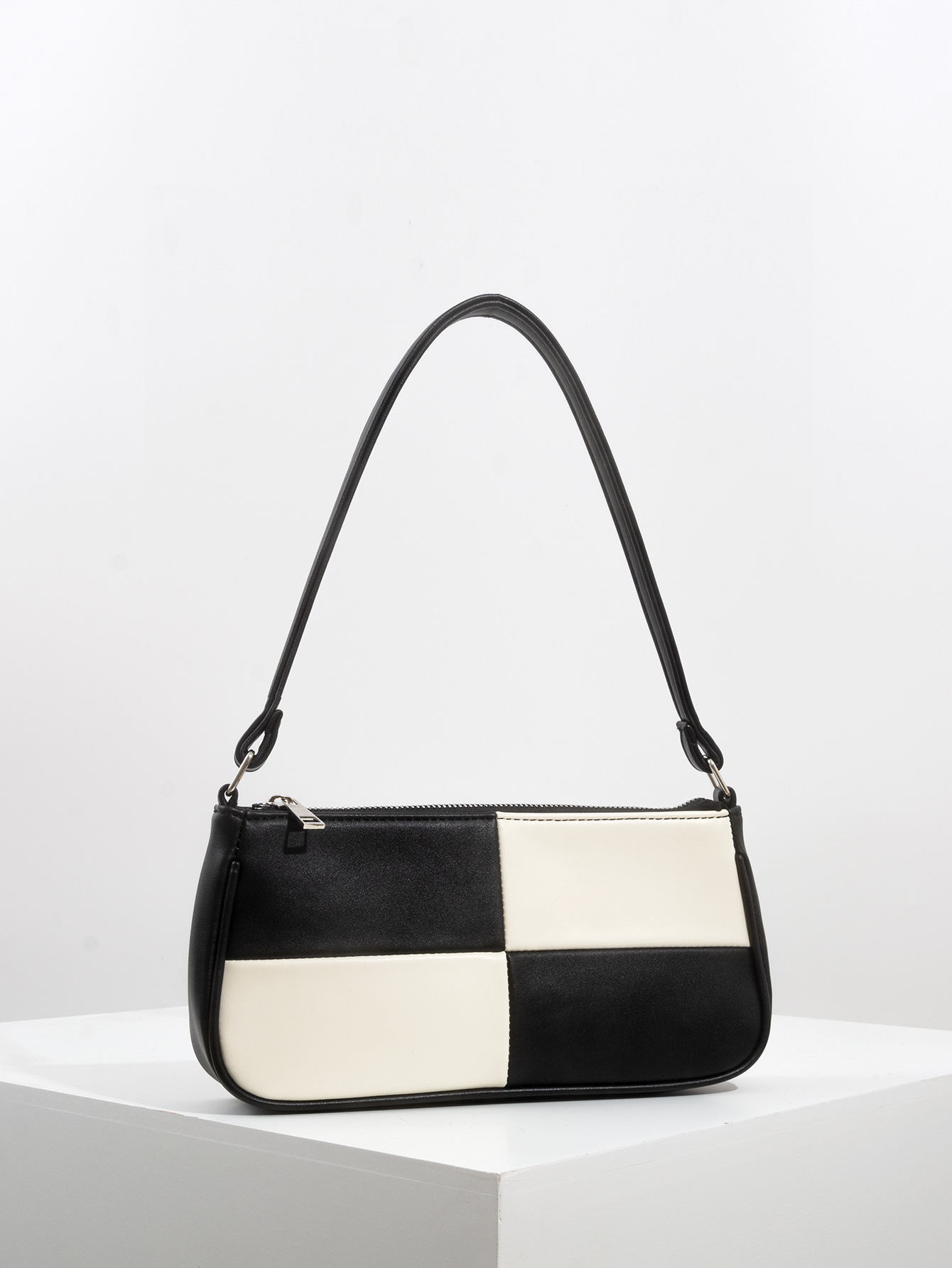 Retro Plaid Color Block Baguette Bag
