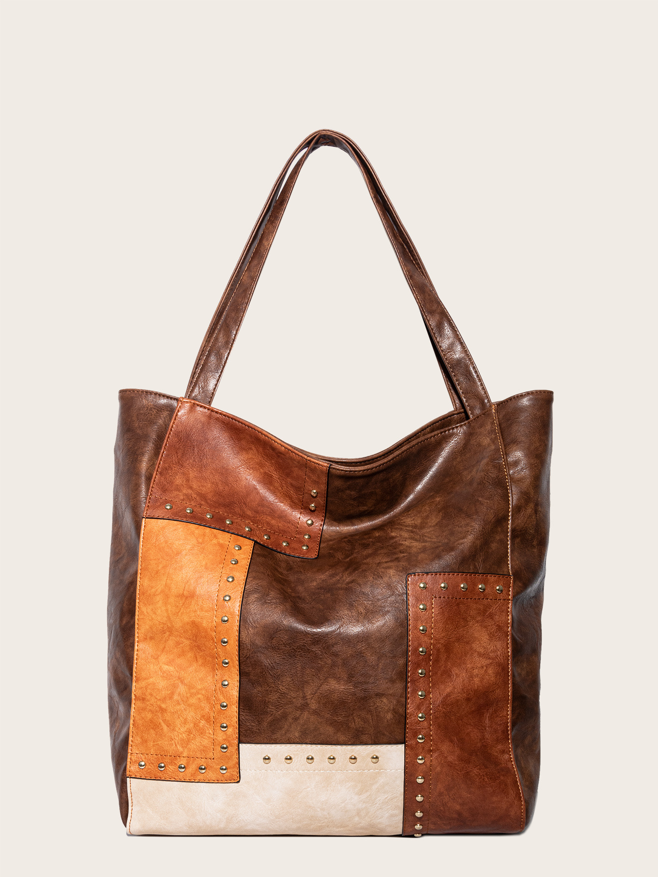 Retro Rivets Patchwork Tote Bag