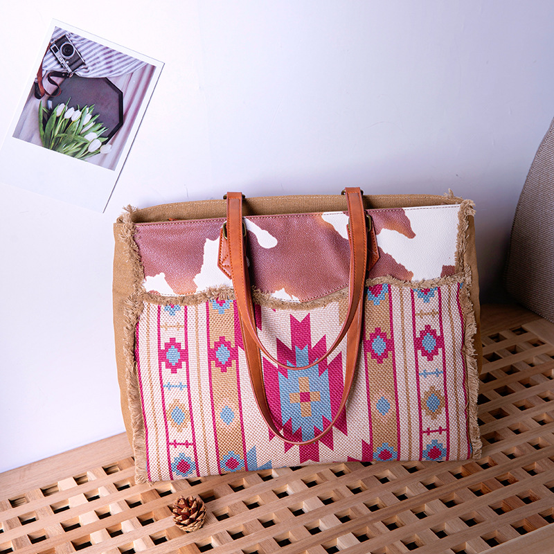 Retro Print Fringe Canvas Tote Bag Set