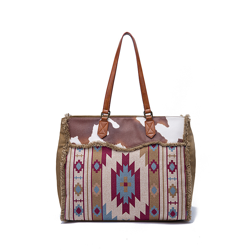 Retro Print Fringe Canvas Tote Bag Set