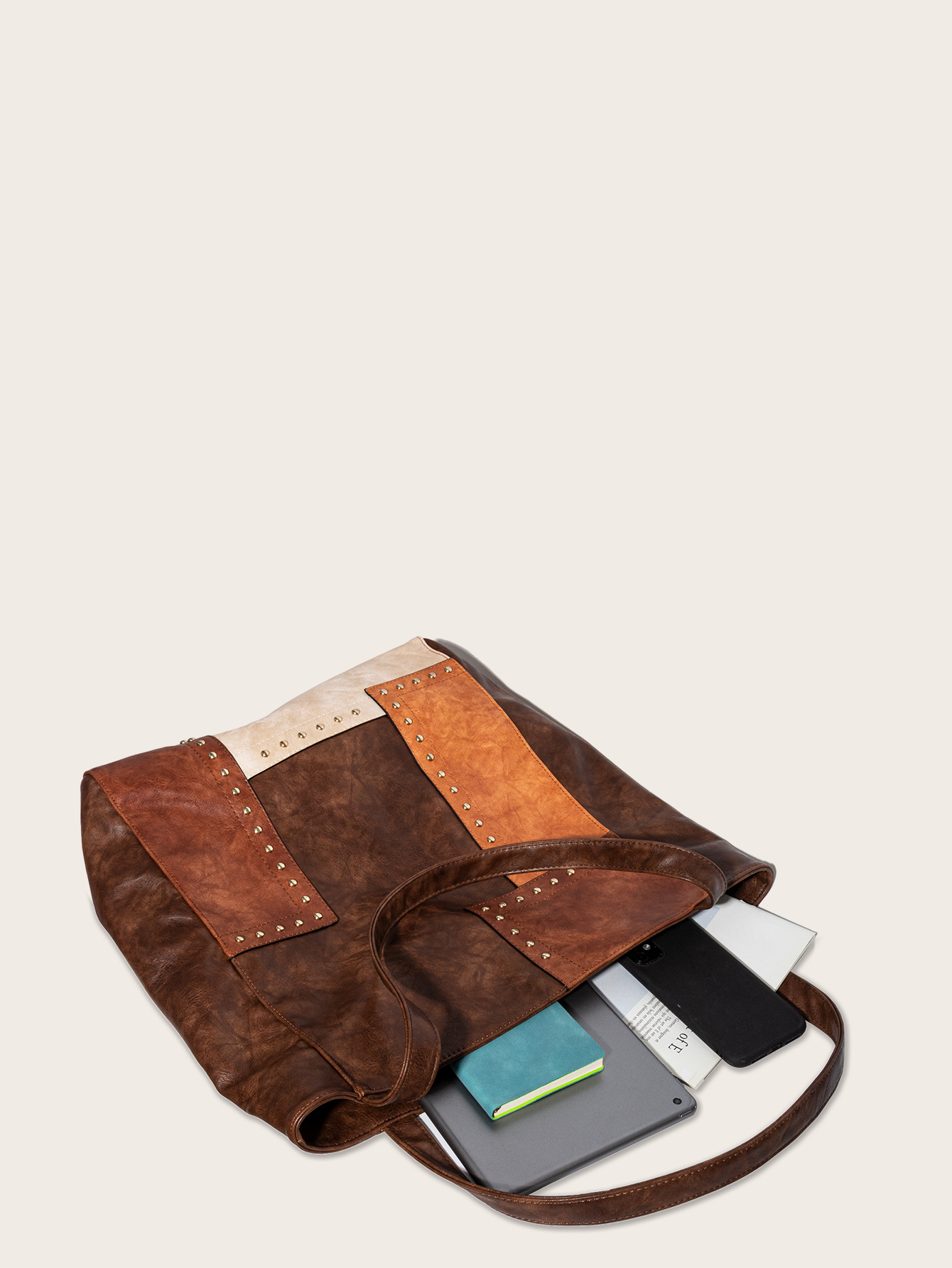 Retro Rivets Patchwork Tote Bag