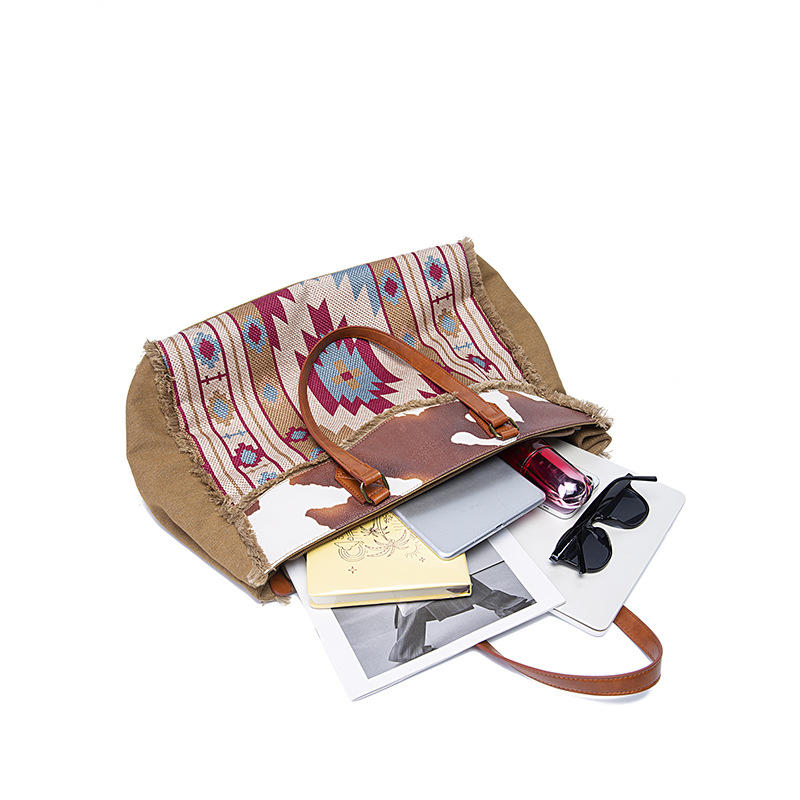 Retro Print Fringe Canvas Tote Bag Set