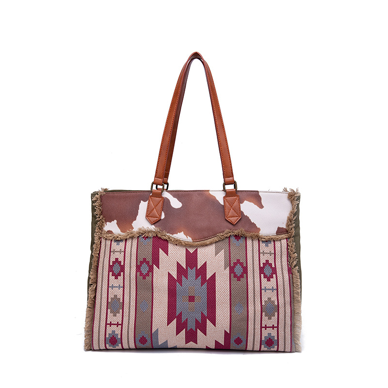 Retro Print Fringe Canvas Tote Bag Set