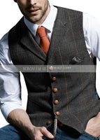 Mens Suit Vest Notched Plaid Wool Herringbone Tweed Waistcoat Casual Formal Business Groomman For Wedding Green/Black/Green/Grey