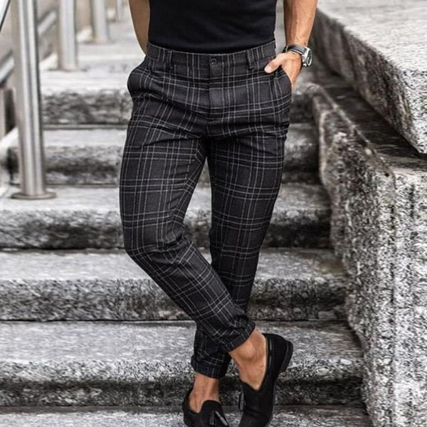 Spring Fashion Plaid Printed Pencil Pants For Mens Vintage Mid Waist Button Trouser Male Summer Casual Long Pant Streetwear