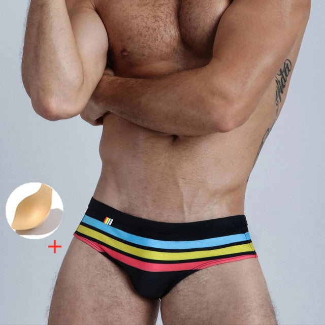 Sexy Rainbow Stripes Swimsuit Men Swimwear Push Up Pad Mens Swim Briefs Bikini Swimming Trunks For Man Beach Surf Bath Suit Wear