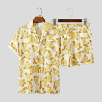 Men Hawaiian Sets Printing 2021 Summer Short Sleeve Button Shirt Beach Shorts Streetwear Casual Mens Suit 2 Pieces S-3XL INCERUN