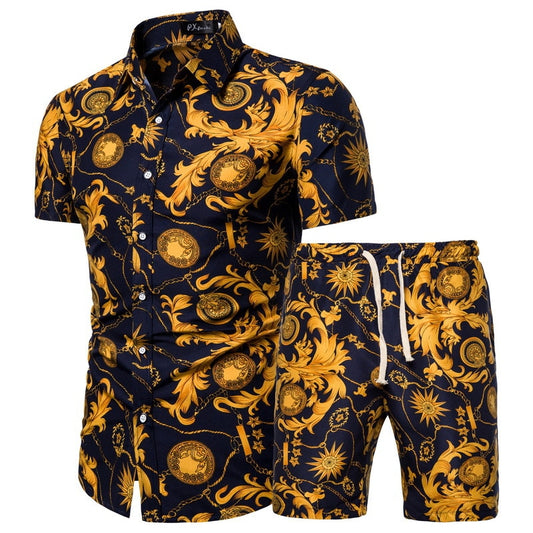 Summer New Men's Clothing Short-sleeved Printed Shirts Shorts 2 Piece Fashion Male Casual Beach Wear Clothes